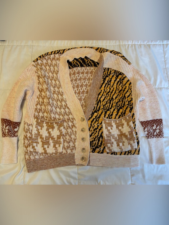 Pilcro Sweaters - Pilcro Patchwork Patterned Cardigan in Beige, Brown, and Mustard